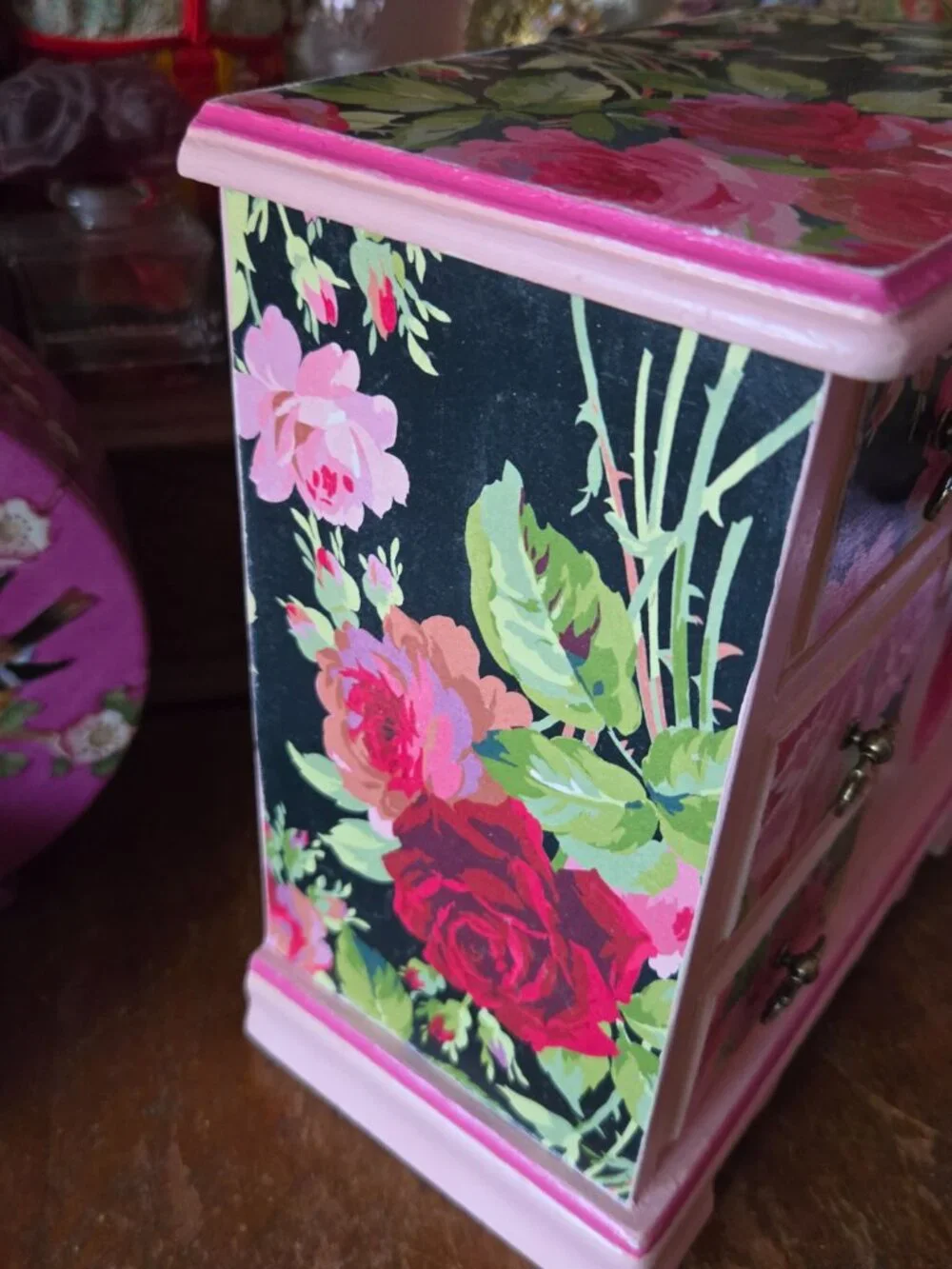 Whimsical Pink Rose Decoupage Jewelry Box Cottagecore Organizer Trinket Case